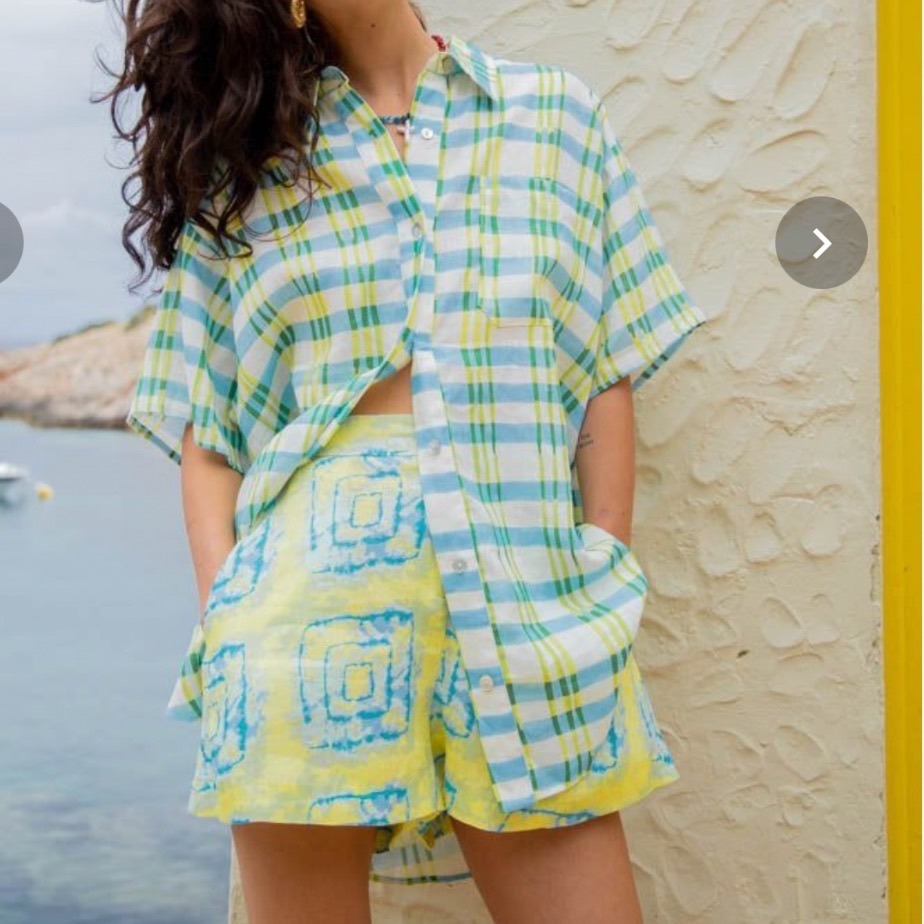 Vrg Grl Capri Linen Shirt Isla Green Short Sleeve Size 6 Plaid